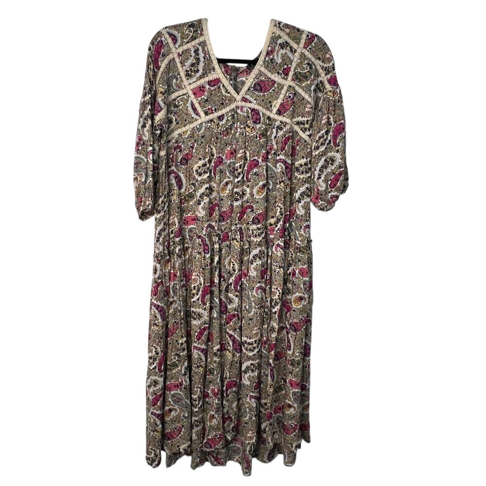 POL Floral Boho Midi V Neck Paisley Cottage Earthy Sz Small Dress Unlined NWOT